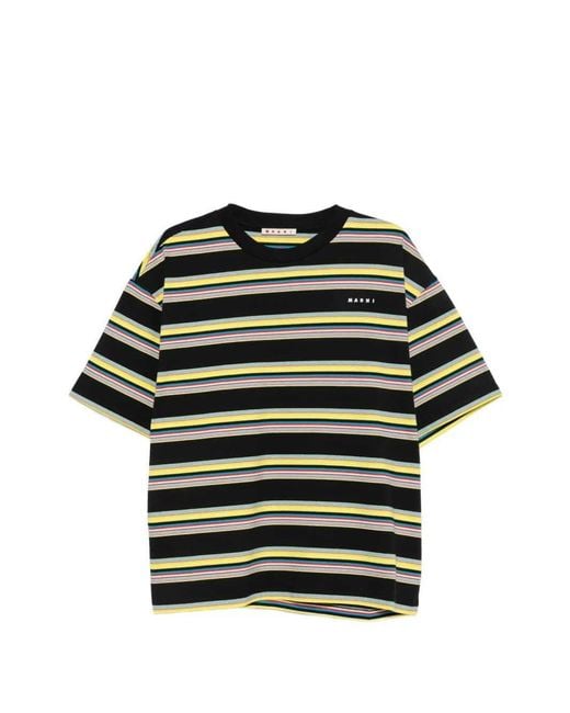 Marni Black Striped Cotton T-Shirt With Logo Print for men