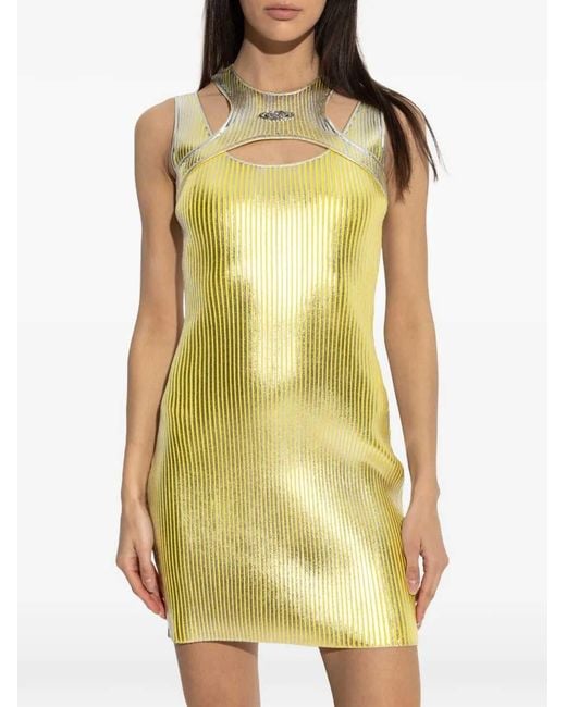 Casablanca Yellow Mini Dress With Cutouts And Metallic Print