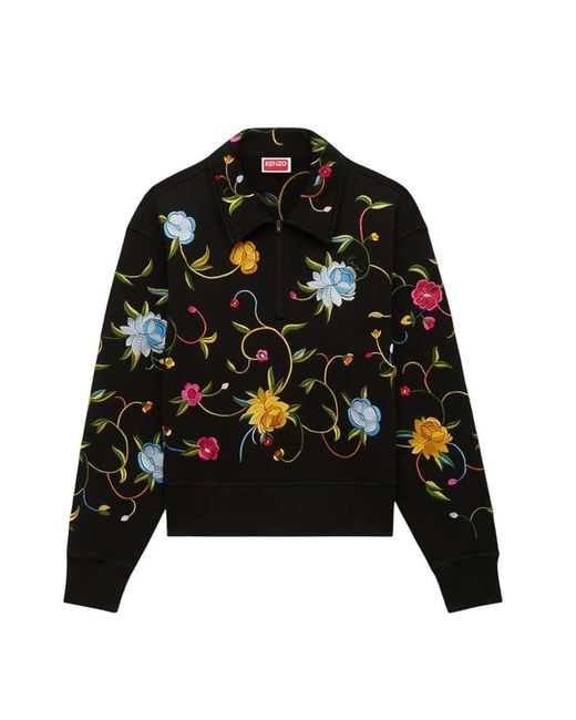 KENZO Black Wildflower' Embroidered Half-Zip Cotton Sweatshirt for men