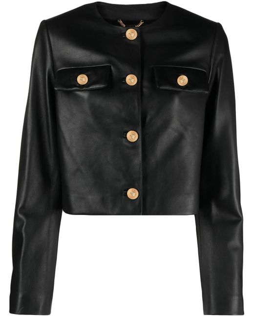 Versace Black Leather Jacket With Padded Shoulder Straps