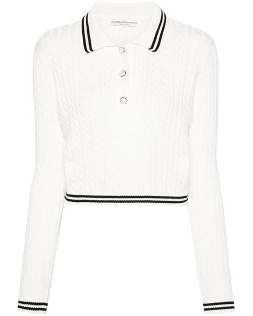 Alessandra Rich White Cable Knit Polo Sweater
