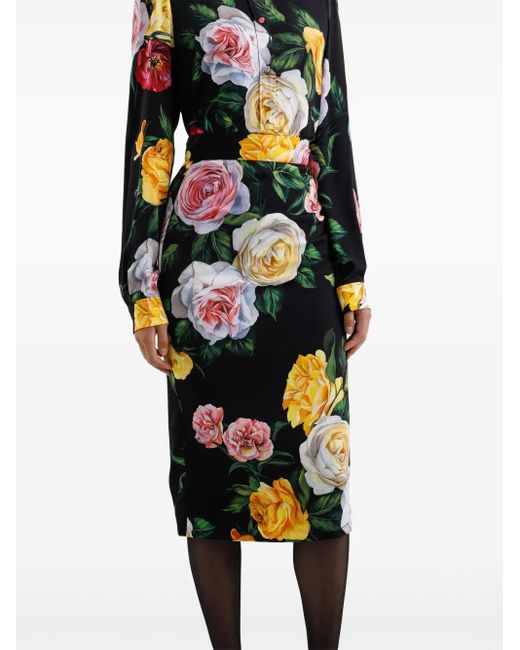 Gonna Midi Stampa Peonie E Rose di Dolce & Gabbana in Black