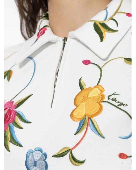 KENZO White Quarter-Zip Sweatshirt With Floral Embroidery