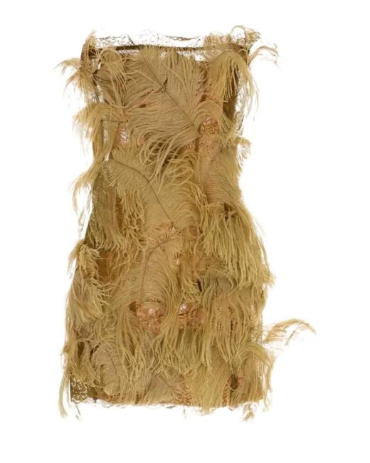 The Attico Natural Strapless Lace And Mesh Mini Dress With Fringe
