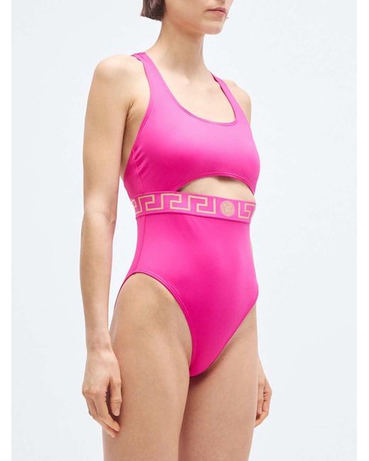 Versace Pink One-Piece Swimsuit With Greca Border