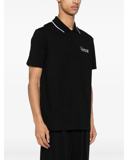 Versace Black Cotton Polo With Logo And Collar Stripe for men
