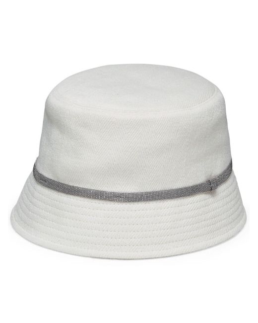 Brunello Cucinelli White Linen And Cotton Bucket Hat With Shiny Details