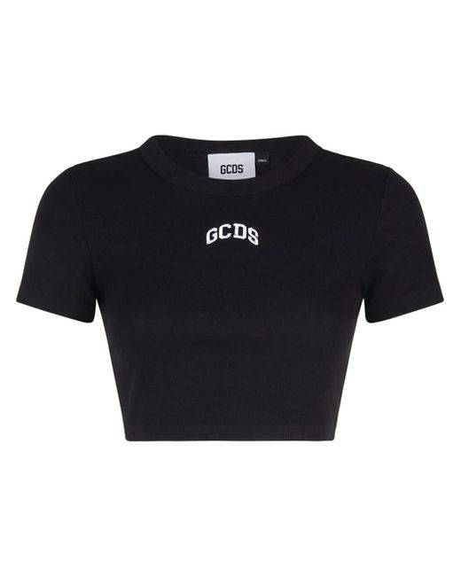 T-Shirt Cropped Con Logo Ricamato di Gcds in Blue