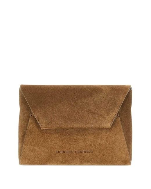 Brunello Cucinelli Brown Suede Clutch With Jewel Decoration