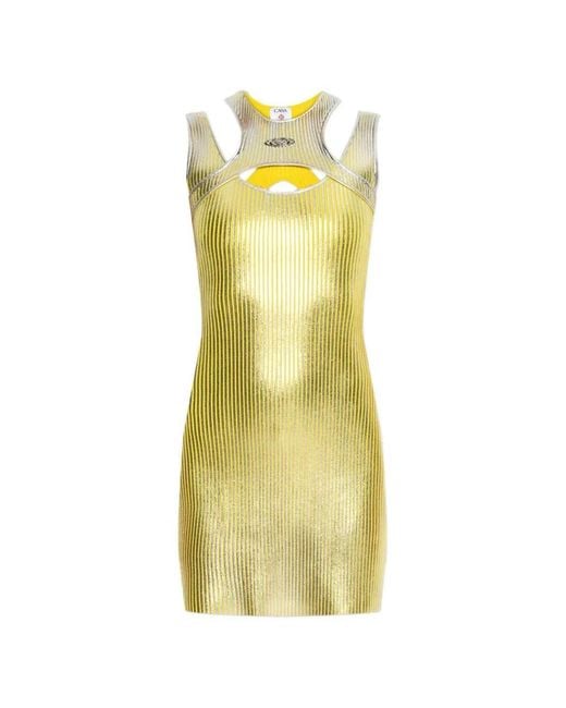 Casablanca Yellow Mini Dress With Cutouts And Metallic Print