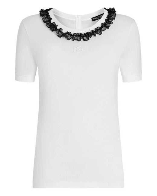 Dolce & Gabbana White Embroidered Logo Neck T-Shirt For