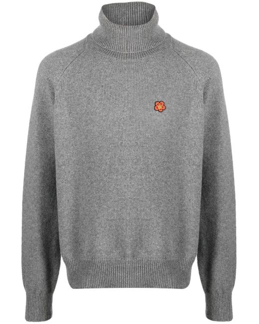 KENZO Gray Wool Turtleneck Sweater With Boke Flower for men