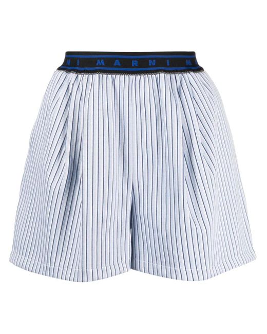 Marni Blue Striped Shorts With Logo Belt