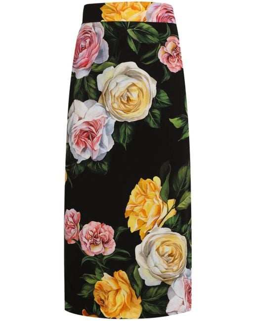 Gonna Midi Stampa Peonie E Rose di Dolce & Gabbana in Black