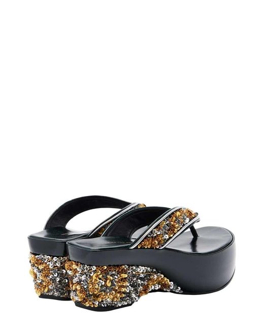 Dries Van Noten Black Sequined Wedge Flip-Flop Sandals