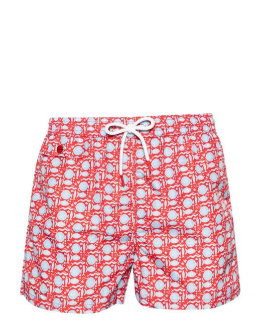 Kiton Red Swim Shorts With Fish Print for men