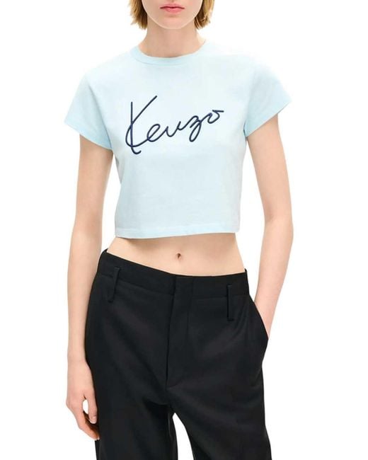 KENZO Blue Signature' Embroidered Cotton Cropped T-Shirt