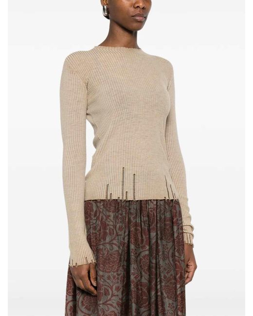 Uma Wang Natural Frayed Ribbed Blouse