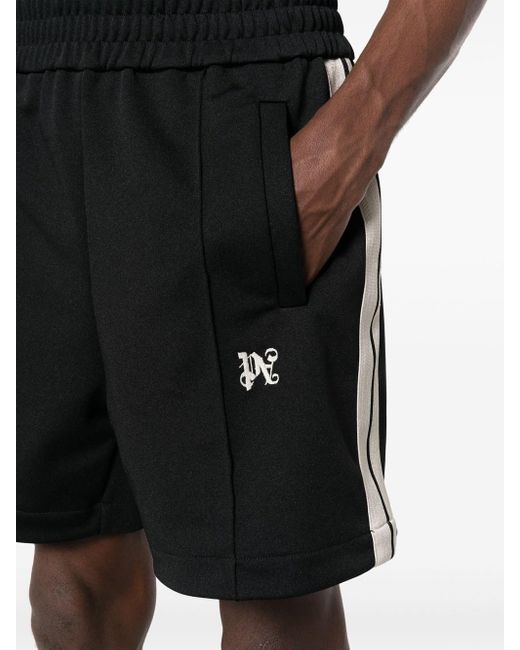 Palm Angels Black Monogram-embroidered Striped Track Shorts for men