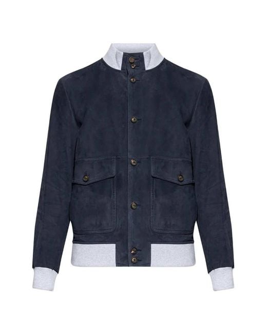 Eleventy Blue Leather Jacket With Pocket And Buttons