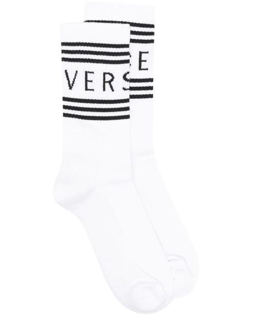 Versace White Ribbed Socks With Logo Print for men