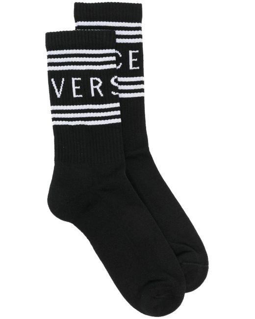 Versace Black Ribbed Socks With Logo Print for men