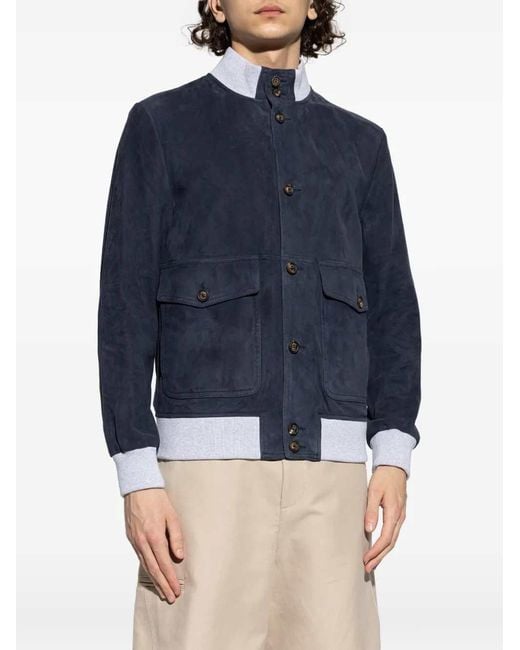 Eleventy Blue Leather Jacket With Pocket And Buttons