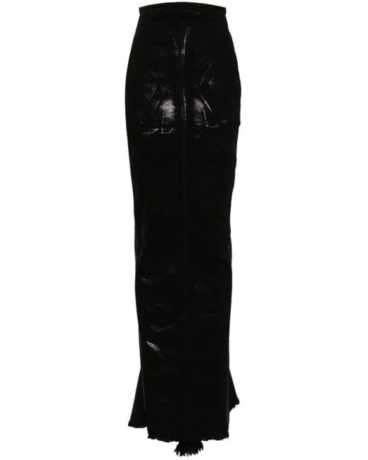 Rick Owens Black Denim Maxi Skirt With Metallic Finish