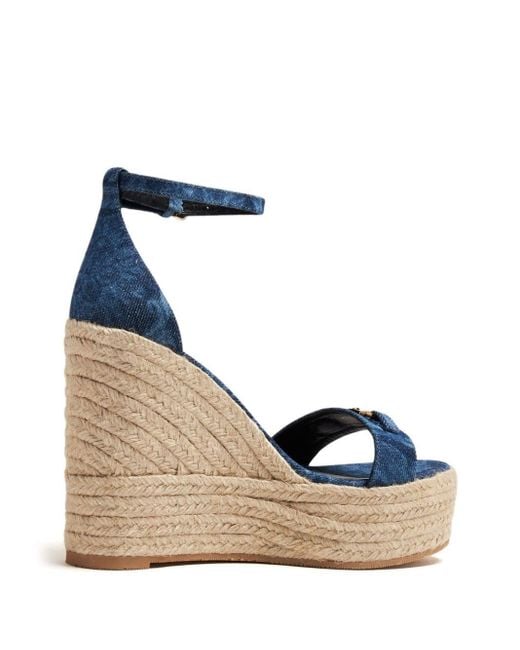 Versace Blue Barocco Denim Sandals With Wedge