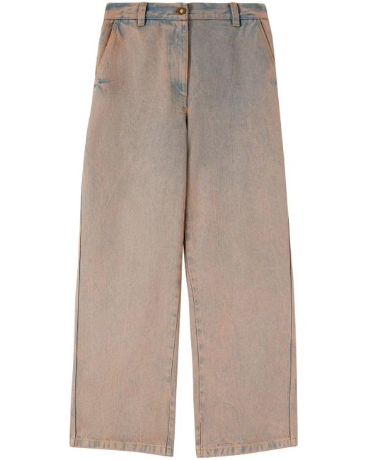 Palm Angels Natural Wide Leg Jeans With Embroidery