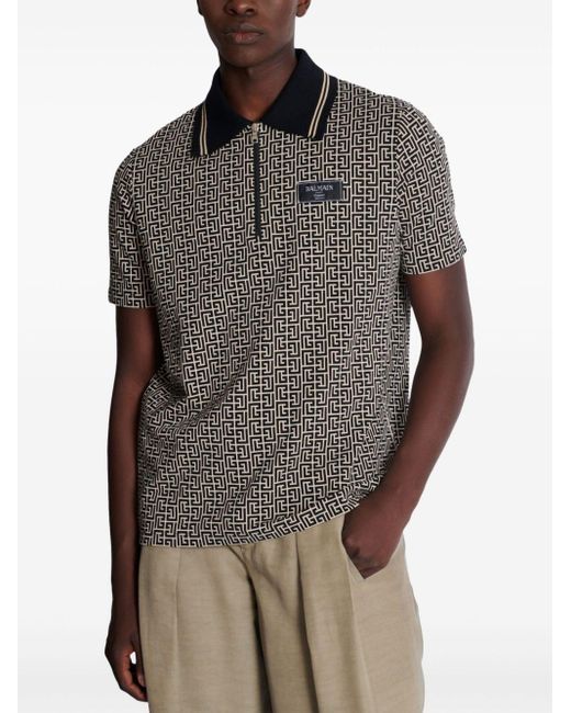 Balmain Black Monogram Zip Polo for men