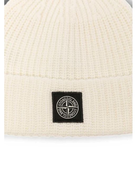 Stone Island Natural Berretto A Coste Con Patch Logo for men