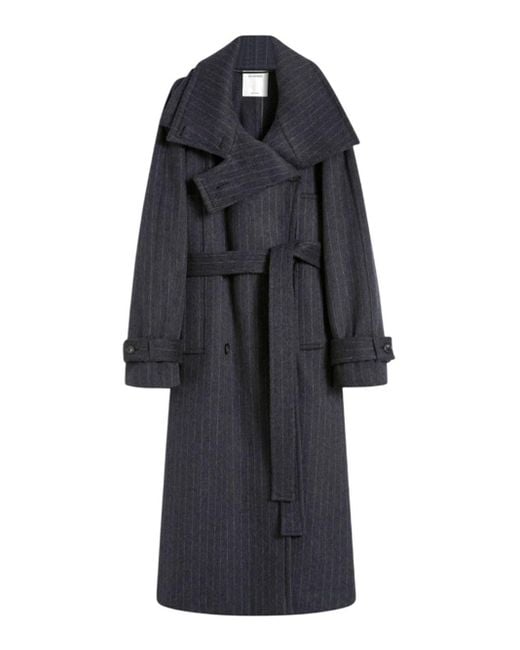 Sportmax Blue Pinstriped Pure Wool Trench Coat - Runway - Anthracite