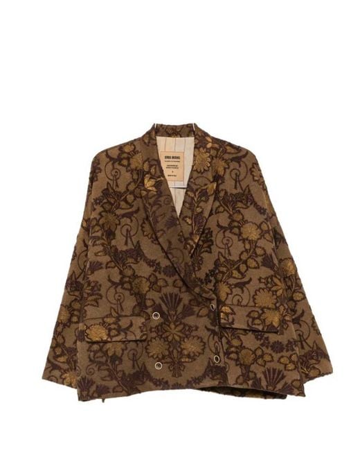 Uma Wang Brown Double-Breasted Floral Jacquard Jacket