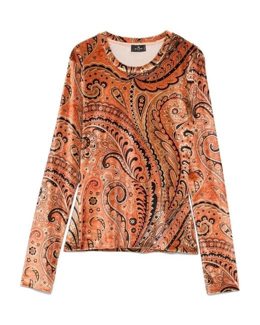 Etro Orange Paisley Print Velvet Top