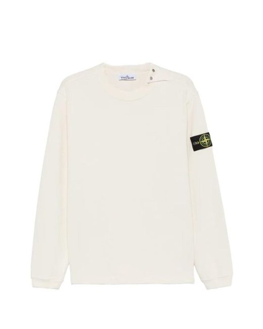 Stone Island White Button-Detail Sweater With Logo Patch On The Shoulder for men