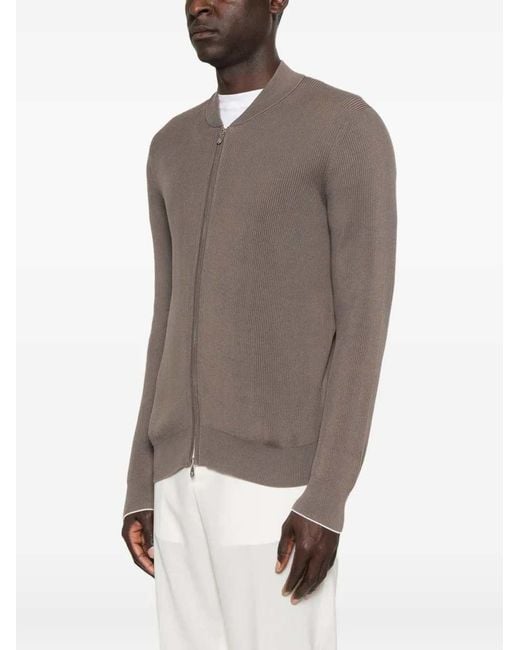 Brunello Cucinelli Gray Ribbed Cardigan With Zip Closure for men