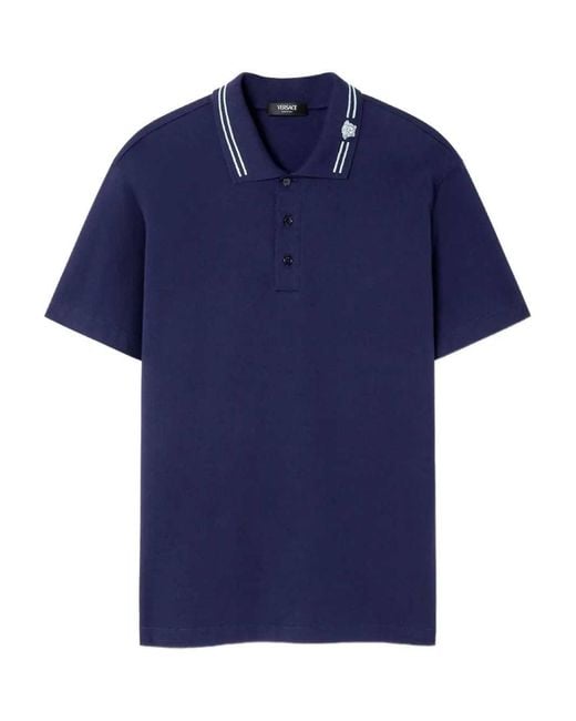 Versace Blue Embroidered Cotton Polo Shirt for men