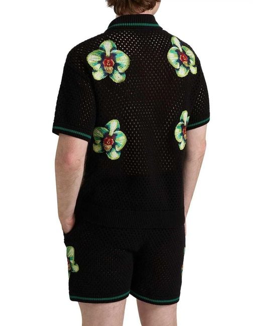 Casablanca Black Glitch Orchid Embroidered Crochet T-Shirt for men