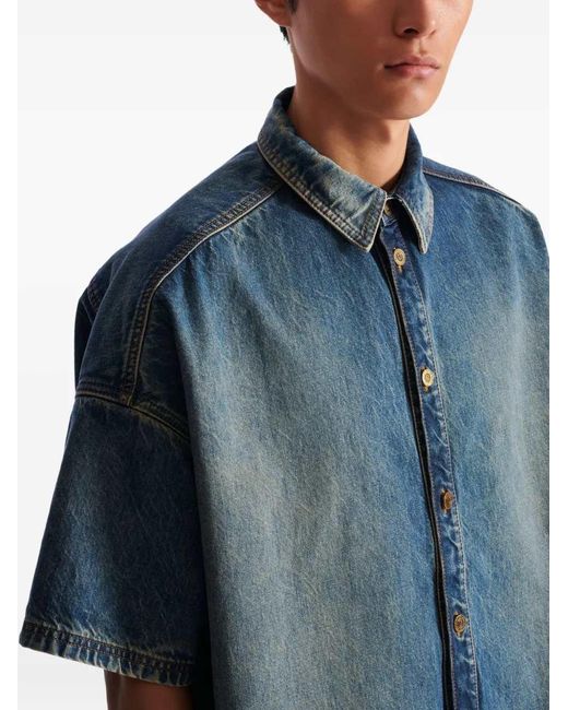 Balmain Blue Short-Sleeved Button-Up Shirt for men