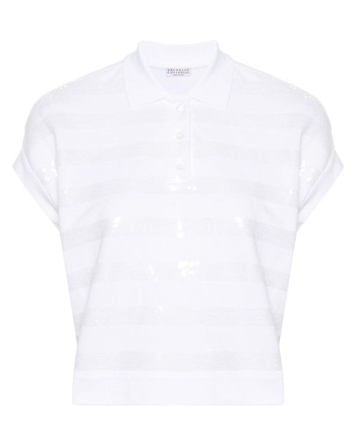 Brunello Cucinelli White Cotton Polo Shirt Embellished With Sequins