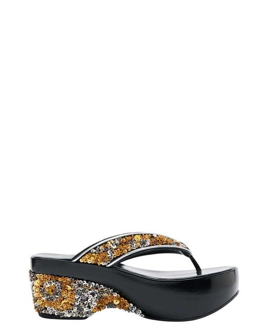 Dries Van Noten Black Sequined Wedge Flip-Flop Sandals