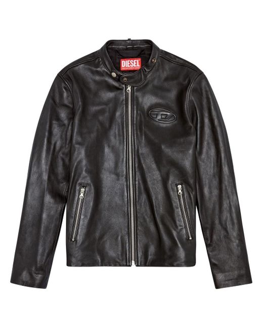 DIESEL Black Leather Biker Jacket With Distressed Logo for men