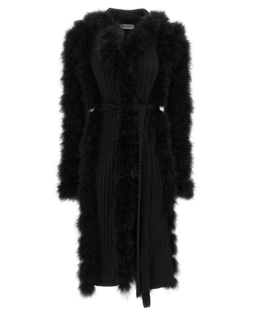 The Attico Black Knitted Coat With Belt And Feather-Effect Trim