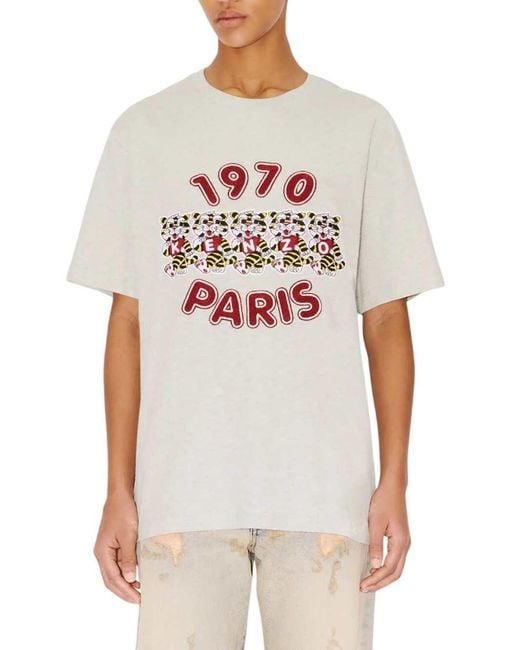KENZO White Loose-Fitting Cotton T-Shirt With Wild Tiger" Embroidery