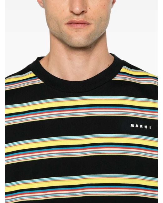 Marni Black Striped Cotton T-Shirt With Logo Print for men