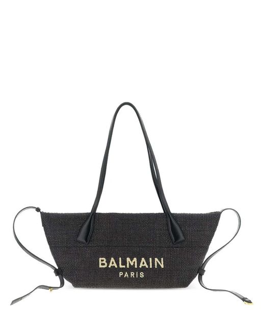 Balmain Black Track Small Rafia Tote