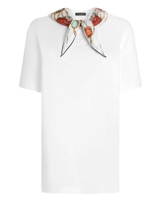 Dolce & Gabbana White T-Shirt With Scarf Detail And Logo