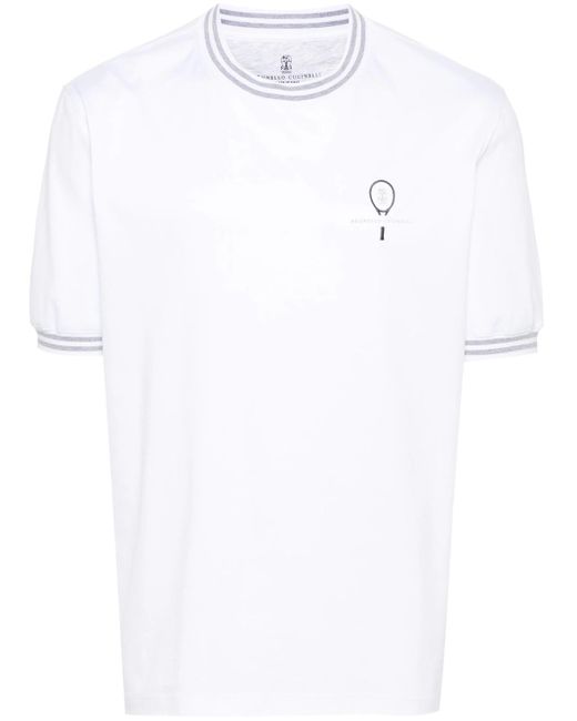 Brunello Cucinelli White Cotton T-Shirt With Logo Embroidery for men