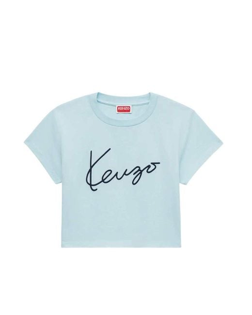 KENZO Blue Signature' Embroidered Cotton Cropped T-Shirt